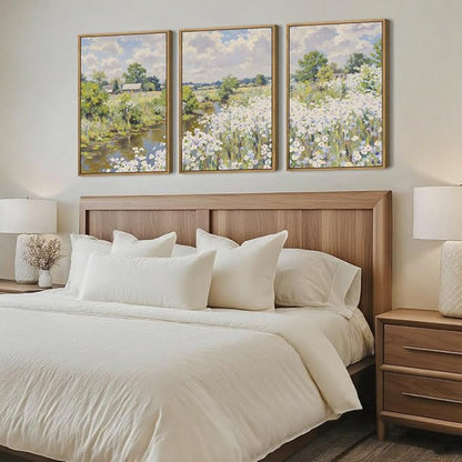 BINCUE Framed Wildflower Wall Art Rustic Floral Wall Decor Vintage Landscape Artwork for Living Room Bedroom Bathroom 16x24 Inches Set of 3