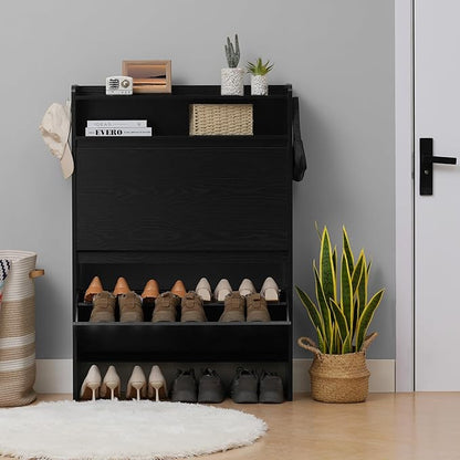 Shoe Cabinet Organizer with 2 Flip Drawers，Freestanding Shoe Rack Cabinet, Shoe Cabinet Storage for entryway, Foyer, Hallway, Black, 31.5" W