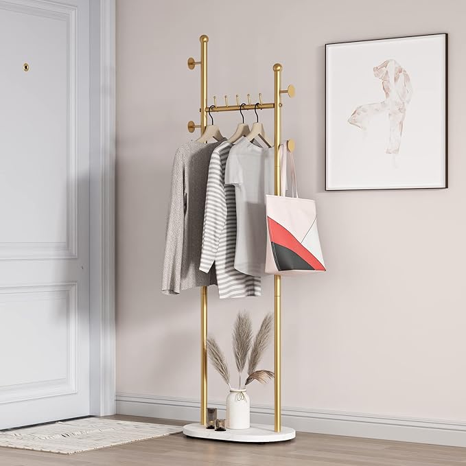 Gold Clothing Rack With Shelves, Gold Coat Rack Freestanding with Marble Base, Coat Hanger Hat Tree Standing Clothes Racks for Boutique, Bedroom