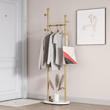Gold Clothing Rack With Shelves, Gold Coat Rack Freestanding with Marble Base, Coat Hanger Hat Tree Standing Clothes Racks for Boutique, Bedroom