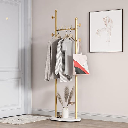 Gold Clothing Rack With Shelves, Gold Coat Rack Freestanding with Marble Base, Coat Hanger Hat Tree Standing Clothes Racks for Boutique, Bedroom