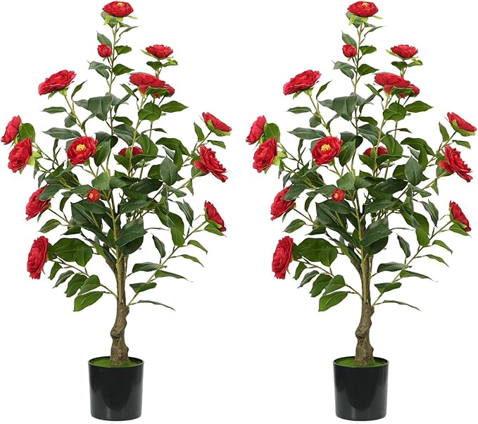 3Ft Artificial Camellia Tree 2pack, Red Silk Flowers Faux Plant for Indoor Outdoor Home Decor, Realistic Potted Greenery for Office Porch Living Room