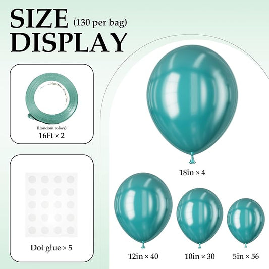 130PCS Metallic Green Balloons, Latex Balloons Different Sizes 18/12/10/5 In, Helium Balloons with Ribbon, Party Balloon for Birthday Wedding Graduation Anniversary Baby Shower Decoration