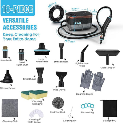 Steam Cleaner, 4 Bar High Pressure Steamer with 6-Level Adjustable, 15s Heat-Up, 42.7oz Large Tank, 7ft Extended Hose, 18 pcs Accessories, Portable Steam Cleaner for Home, Car, Tile, Grout, Grease