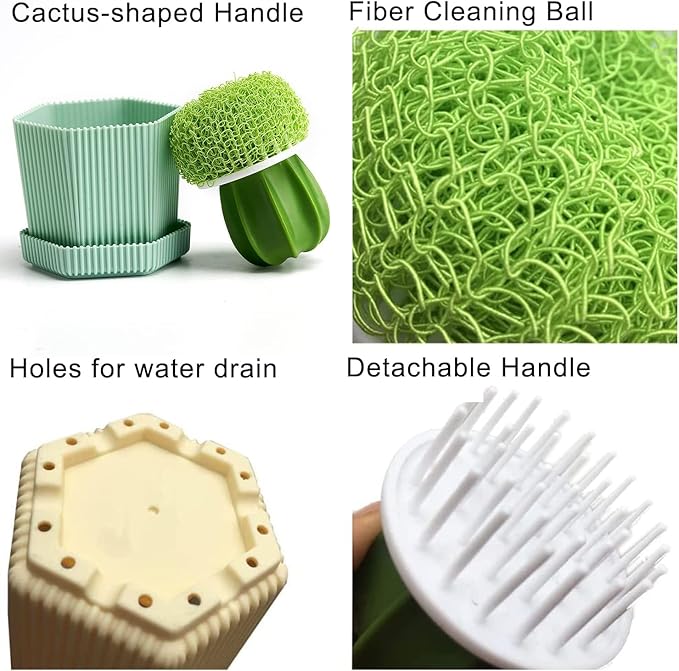 Kitchen Cleaning Brush Set with Holder & Drip Tray – 3 Head Cactus Scrub Brush, Row Brush, Mini Dish & Pot Brushes – Durable Multi-Purpose Scrubbers for Sink, Pans, Plates, Cups (Yellow)