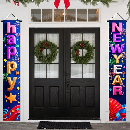 Nuxovilar Happy New Year Banner, 70.86" x 11.81" Colorful Letters Blue Purple Background Hanging Decorations for Outdoor Indoor Home Wall