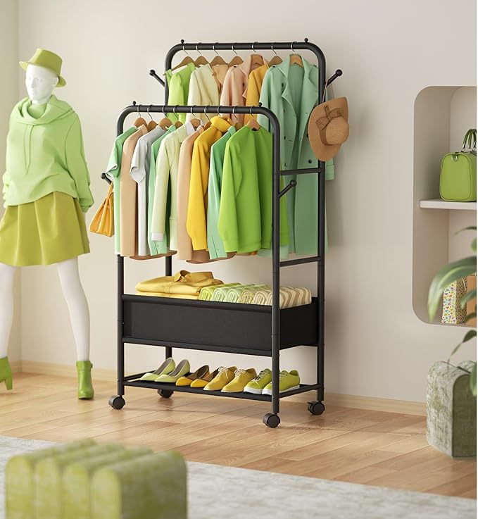 Clothing Racks for Hanging Clothes, Portable Clothing Rack with Wheels Rolling Clothes Racks, Black Garment Racks-Storage Box