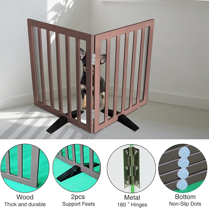 Dog Gate Indoor, Freestanding Dog Fence for The House, Doorways, Hallways,or Stairs,Pet Gate Foldable Wooden,Expandable 24" Height 2 Panels,Brown