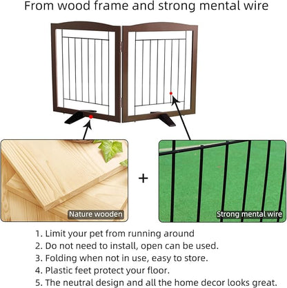 ZJSF Freestanding Dog Fence Indoor, Foldable Dog Gate for Doorways, Stairs or Hallways, Sturdy Wood Extra Wide Pet Gate with Support Feet for The House, Brown, 32 "Height-2 Panels