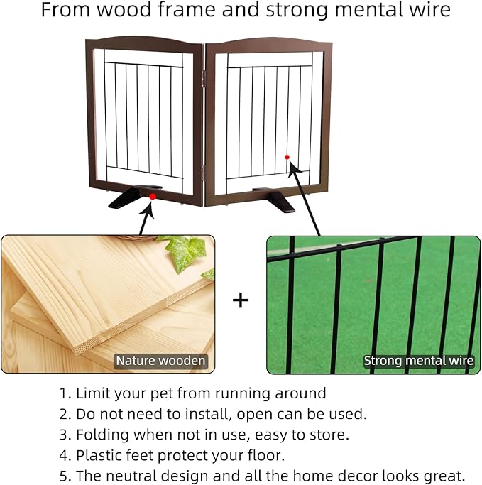 ZJSF Freestanding Dog Fence Indoor, Foldable Dog Gate for Doorways, Stairs or Hallways, Sturdy Wood Extra Wide Pet Gate with Support Feet for The House, Brown, 32 "Height-2 Panels