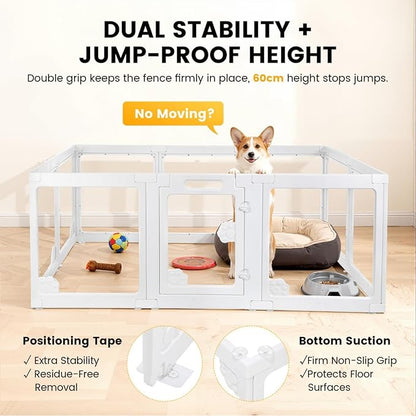 WICHEMI Portable Dog Playpen with Double Door Lock, 23.6" H Puppy Play Pen for Indoors, Portable Playpen with Suction Cup for Puppy Cat Rabbit Ferret, 12 Panels White