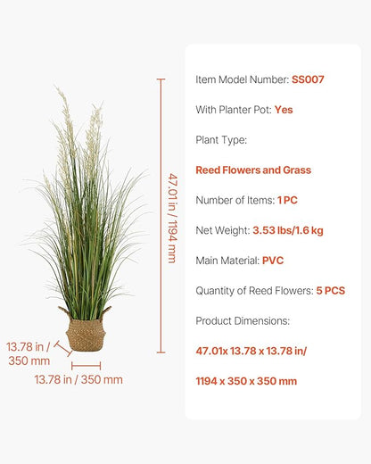 VEVOR Artificial Grass Plant, 47 inch Reed Flower Grass in Pot, Premium PVC Faux Fake Greenery Shrubs Plant for Indoor Outdoor House Home Garden Office Room Décor, Housewarming, 1 Pack Green