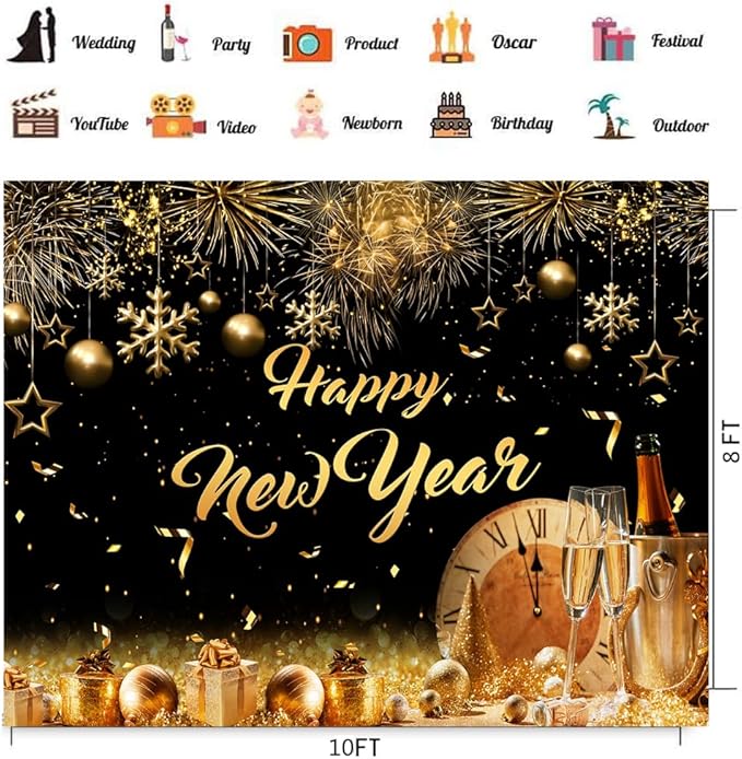 CHAIYA 10X8ft 2026 Happy New Year Party Backdrop Fabric Sign Poster Banner with Pattern Firework for New Year Party Decoration Photo Props Background Supplies