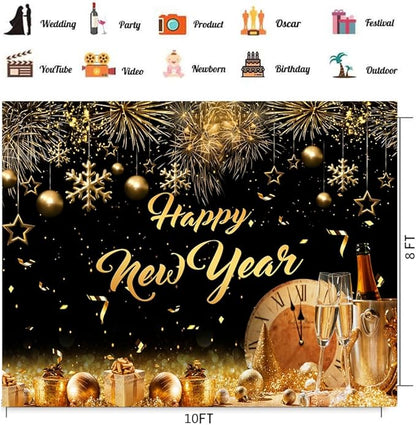 CHAIYA 10X8ft 2026 Happy New Year Party Backdrop Fabric Sign Poster Banner with Pattern Firework for New Year Party Decoration Photo Props Background Supplies
