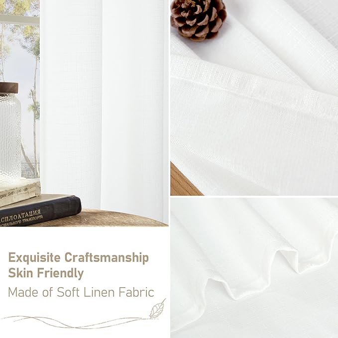 LAMIT Natural White Linen Curtains 95 inch for Bedroom, Grommet Thermal Insulated Thick Curtains Light Filtering Panels for Living Room/Outdoor/French Door, Set of 2 Panels, W52 x L95