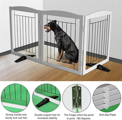 ZJSF Freestanding Dog Fence Indoor, Foldable Dog Gate for Doorways, Stairs or Hallways, Sturdy Wood Extra Wide Pet Gate with Support Feet for The House, Grey, 32 "Height-3 Panels