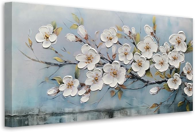 Anolyfi White Textured Flowers Large Wall Art for Living Room Canvas Painting, Modern Elegant Landscape Wall Art for Dining Room Bedroom Hallway Kitchen Office Home 58"x29"