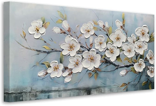 Anolyfi White Textured Flowers Large Wall Art for Living Room Canvas Painting, Modern Elegant Landscape Wall Art for Dining Room Bedroom Hallway Kitchen Office Home 58"x29"