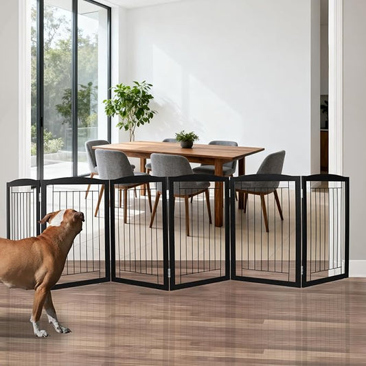 ZJSF Freestanding Foldable Dog Gate for House Extra Wide Wooden Black Indoor Puppy Gate Stairs Dog Gates Doorways Tall Pet Gate 6 Panels Fence