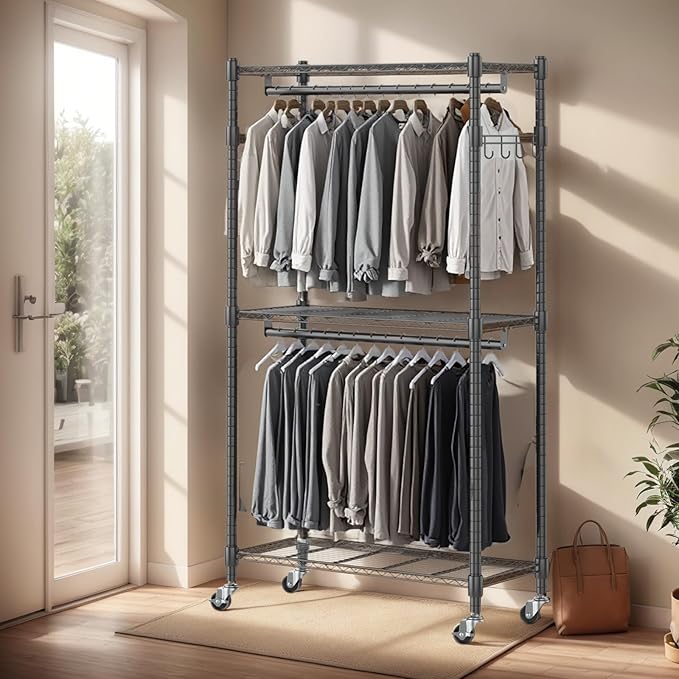 Heavy Duty Garment Rack Adjustable 3 Tiers Wire Shelving Rolling Clothes Rack with Double Rods and Side Hooks, Freestanding Wardrobe Storage Rack Metal Clothing Rack, Black