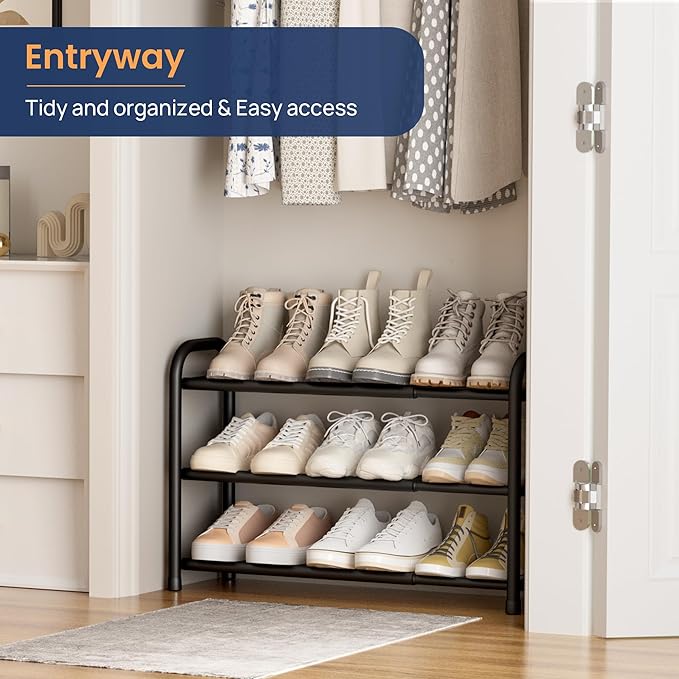 ENJOYBASICS Expandable Shoe Rack, 3 Tier Adjustable Shoe Organizer Shelf for Closet, Black Metal Free Standing Shoe Rack Storage for Small Space, Entryway
