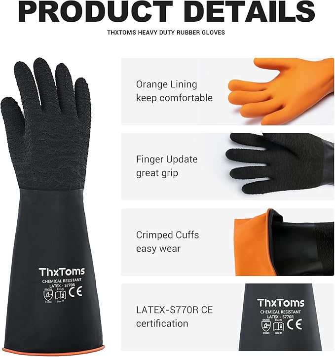 ThxToms Heavy Duty Rubber Gloves, Industrial Chemical Resistant Gloves Waterproof Reusable Protective Work Gloves for Cleaning, Dishwashing,Upgraded with Non-Slip Design, Black, 14" 1 Pair