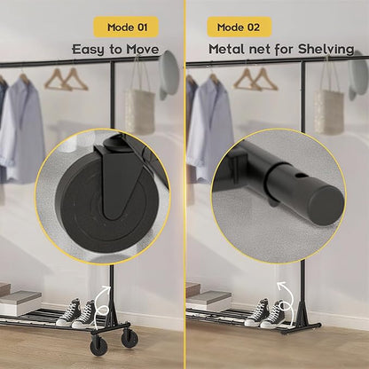 Clothing Garment Rack Capacity 550LBS Rolling Clothes Rack on Wheels - Heavy Duty Collapsible Commercial Storage Organizer - Mobile Clothes Rack with Multifunctional Design (Black)