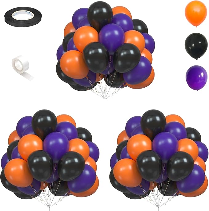 Orange Black Purple Balloons Pack of 75, 12 Inch Halloween Color Party Balloons Matte Black Orange Dark Purple Helium Latex Balloons with Ribbon for Kids Birthday Baby Shower Scary Party Decorations