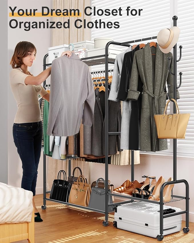 10-in-1 Clothes Rack, Multi-Function Garment Rack with 3 Tier Shelves, 3 Hanging Rod, 4 Handy Hook, Heavy Duty Clothing Rack Up to 620 LBS, Metal Wardrobe Closet for Bedroom, Laundry, Balcony,Black