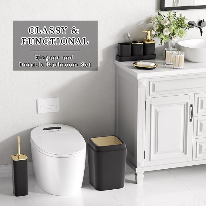 Bathroom Accessories Set - Black Bathroom Set, 9PC Bathroom Accessory Set with Trash Can, Toilet Brush, Qtip Holder Dispenser & Soap
