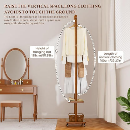 Coat Rack Freestanding Clothing Rack with Wheels & 2 Shelves Storage & 5 Hooks Heavy Duty Clothes Rack Wood Coat Tree Stand Hat Hanger Rack for Corner Bedroom Entryway Living Room Hotel Size L