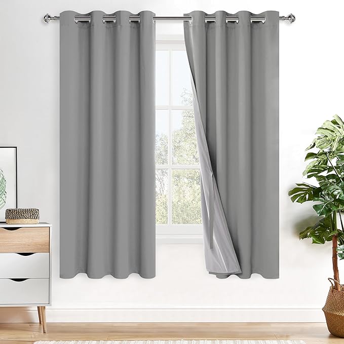 XWZO 100% Blackout Window Curtains - Thermal Insulated & Completely Room Darkening Black Liner Window Treatment with Tiebacks for Bedroom/Living Room, Light Grey, W52 x L63, Set of 2 Panels