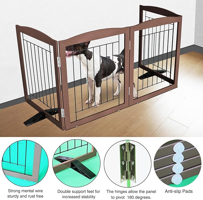 ZJSF Freestanding Dog Fence Indoor, Foldable Dog Gate for Doorways, Stairs or Hallways, Sturdy Wood Extra Wide Pet Gate with Support Feet for The House, Brown, 32 "Height-4 Panels