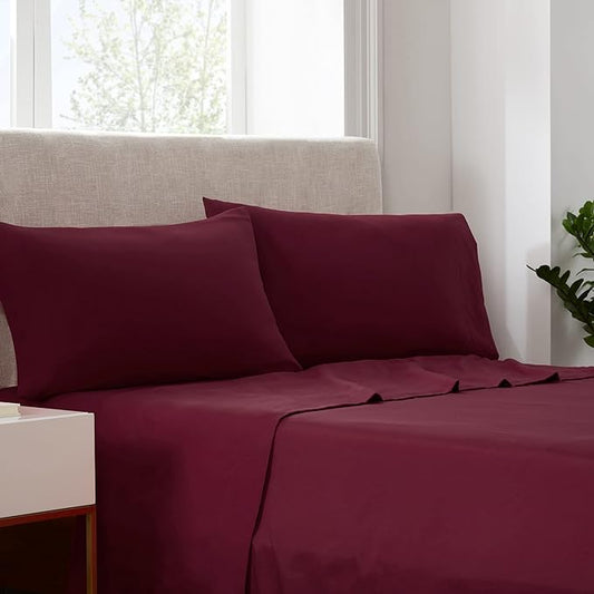 Serta Simply Clean Super Soft Hypoallergenic Stain Resistant Deep Pocket 4 Pieces Solid Bed Sheet Set, King, Burgundy