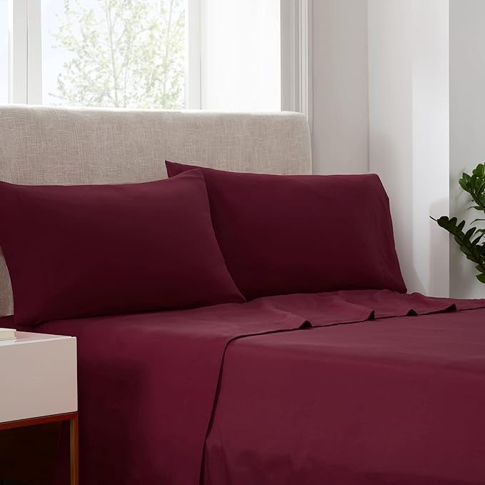 Serta Simply Clean Super Soft Hypoallergenic Stain Resistant Deep Pocket 3 Pieces Solid Bed Sheet Set, Twin, Burgundy