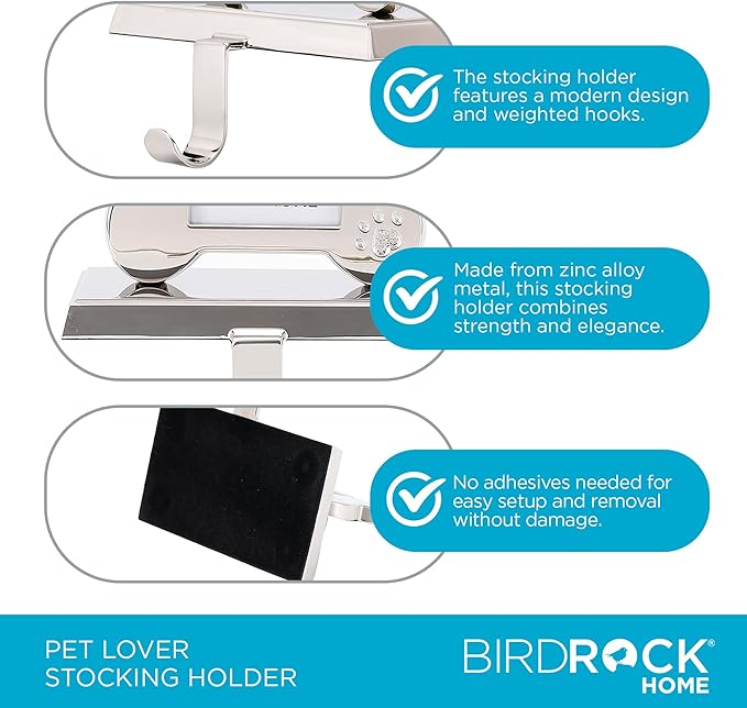 BIRDROCK HOME Christmas Stocking Holders for Mantle - Weighted Metal Hanger for Stockings & Holiday Decor - Sturdy Metal Hook for Fireplace, Staircase & Shelf - Non-Scratch Base - Dog Bone Photo