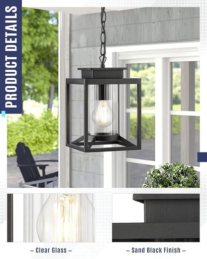 Outdoor Pendant Light for Porch, 1-Light Black Hanging Porch Light Modern Exterior Hanging Lantern with Cylinder Glass and Adjustable Chain for Gazebo, 2353/1H