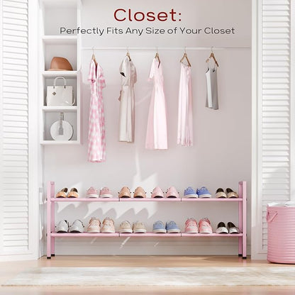 Bumusty 2-Tier Long Expandable Shoe Rack for Closet, 18"-44" Adjustable Shoe Rack for Entryway, 10-12 Pairs Large Shoe Organizer Shelf Storage, Sturdy Metal, Pink
