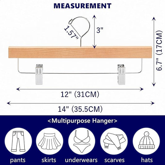 Amber Home 10 Pack Natural Wooden Pants Hangers with Clips, Wood Skirt Hangers Trouser Hangers for Jeans, Slacks, Shorts with 2-Adjustable Clips