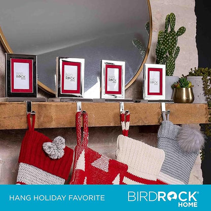 BIRDROCK HOME Photo Frame Stocking Holders - Holiday Greetings Mantle Fireplace Topper - Decorative Christmas Stocking Holder - Stainless Steel (Rectangle - Set of 4)