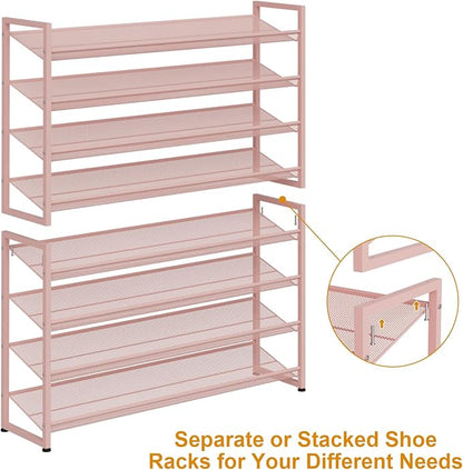 Large Shoe Rack 8 Tier Shoe Organizer, Heavy Duty Metal 4-Tier Stackable Shoe Storage Vertical Shoe Rack for Closet Front Door Entrance, Up to 50 Pairs, 44.8" W x 11.4" D x 56.7" H, Pink