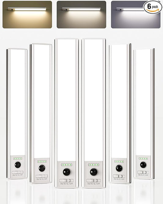 EZVALO 12inch Under Cabinet Lighting Wireless with Battery Indicator, 2500mAh Rechargeable Motion Sensor Light Indoor, 96 LED Under Counter Lights for Kitchen Closet, 3 Color Temps, Dimmable, 6 Pack