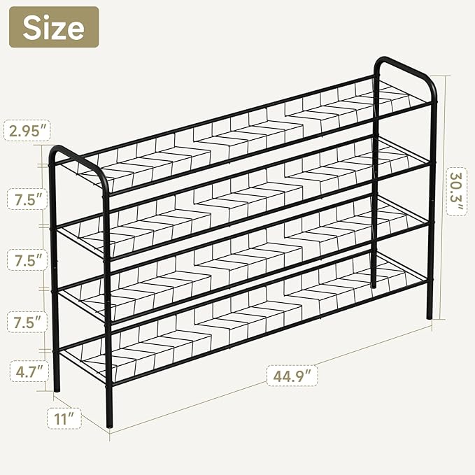 4-Tier Metal Shoe Rack, Free Standing Shoe Storage Rack for Entryway, Closet and Hallway (Black, 4-Tier-Long)