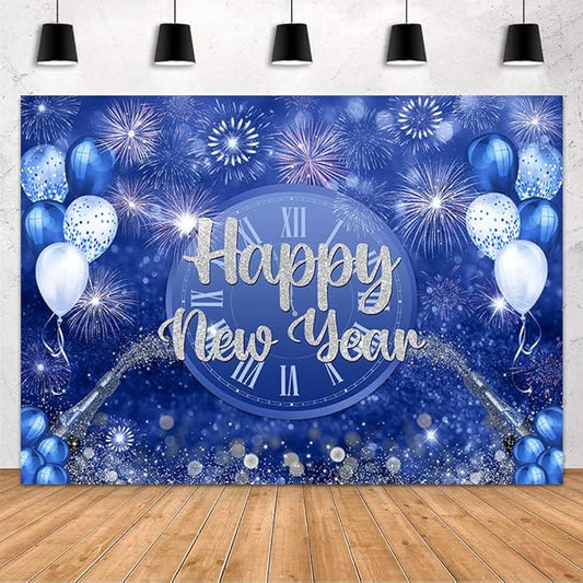 MEHOFOND Happy New Year Backdrop Blue 2026 New Year Eve Party Decorations Banner Supplies Shining Champagne Balloons Firework Photography Background New Years Eve Photo Studio Props 7x5ft