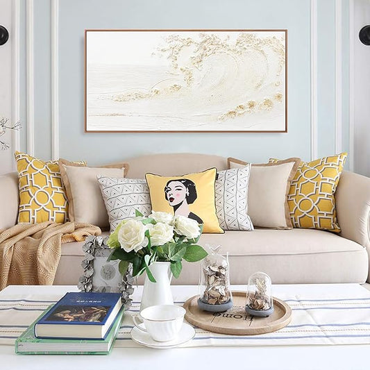 Framed Wall Art Wall Decor Nature Decor Canvas Hand Painted White Wave With Golden Embellishments Artwork Painting Picture For Living Room Bedroom Living Room And Office Wall Decor 24x48 Inch