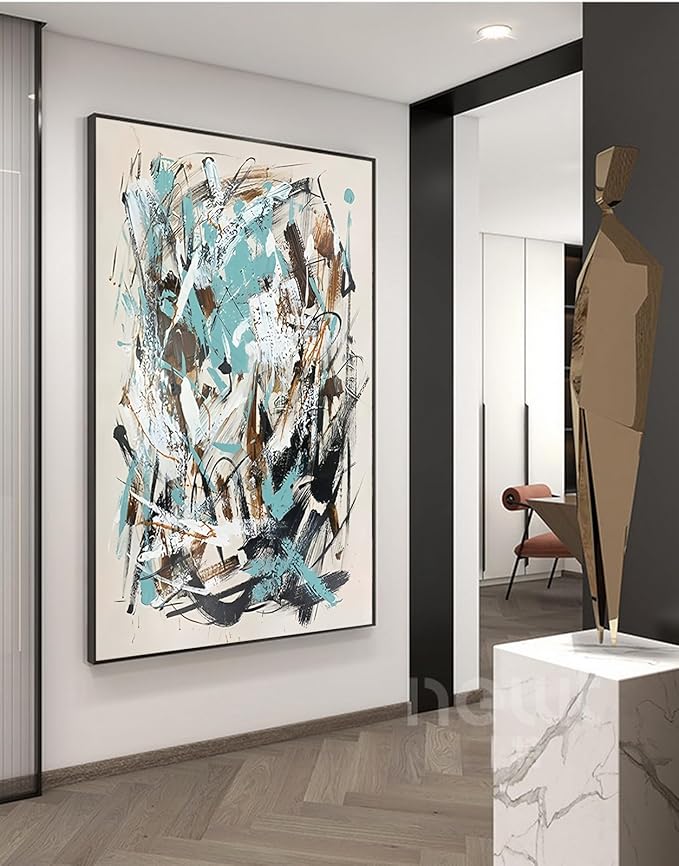 Hand Painted Blue and Black Abstract Oil Painting For Bedroom,Frame Large Wall Art for Office, Modern 3D Artwork For Living Room Home and Office Wall Décor Ready to Hand 28" x 40"