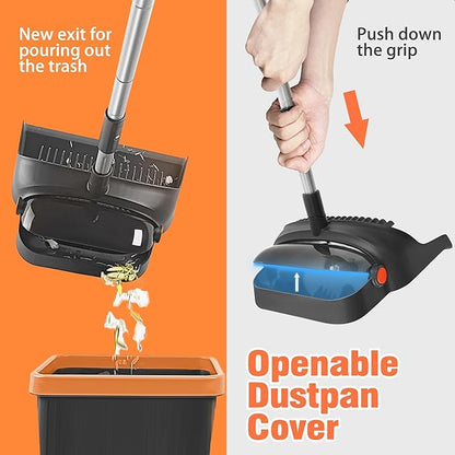 Broom with Dustpan Combo Set, 54'' Extendable Long Handle Broom, 180 Degree Rotating Brush Indoor Upright Standing Dustpan with Comb Teeth, Ideal for Home, Kitchen, Lobby, and Office
