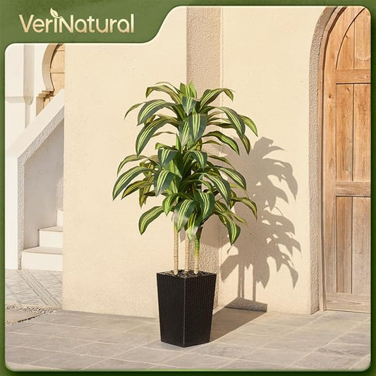 Artificial Dracaena Tree 5FT - UV Resistant Faux Tree with Large Taper Planter & Pebbles - Tall Fake Plants Indoor & Outdoor, Potted Floor Plant for Home Living Room Porch Decor, VN127