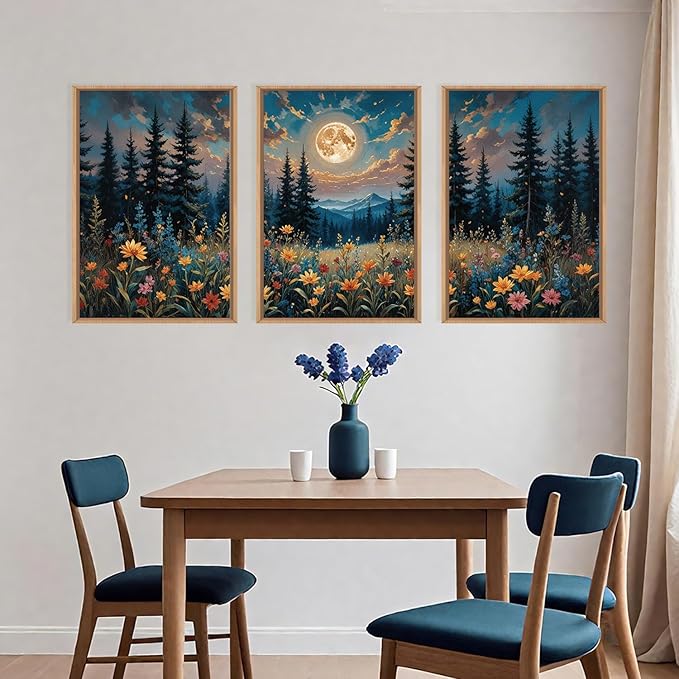 Large Nature Moon Wildflowers Framed Canvas Wall Art,Vintage Forest Flowers Wall Decor,Dark Mountain Night Wall Painting,Wilderness Artwork for Living Room,Bedroom,Dining Room,Office -16"x24"x3