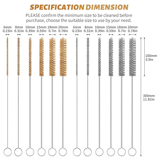 12-Pieces Brass Wire Brush Stainless Steel Wire Brush Set 12" Long Wire Bottle Brush Tube Cleaning Brush Metal Wire Brush for Tubes, Cylinders, Bottles, Auto Parts (6mm/8mm/10mm/15mm/18mm/20mm)